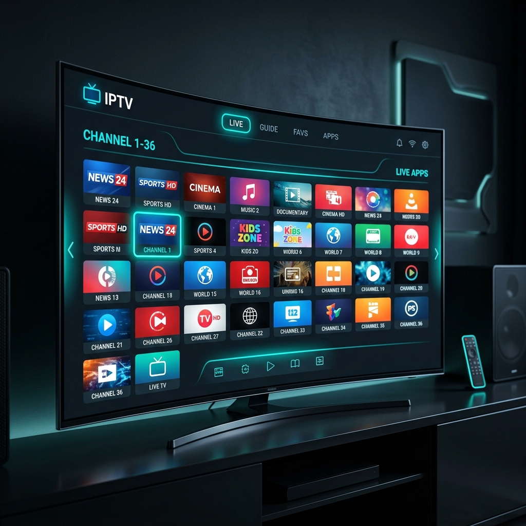 Curved Smart TV displaying thousands of IPTV channels