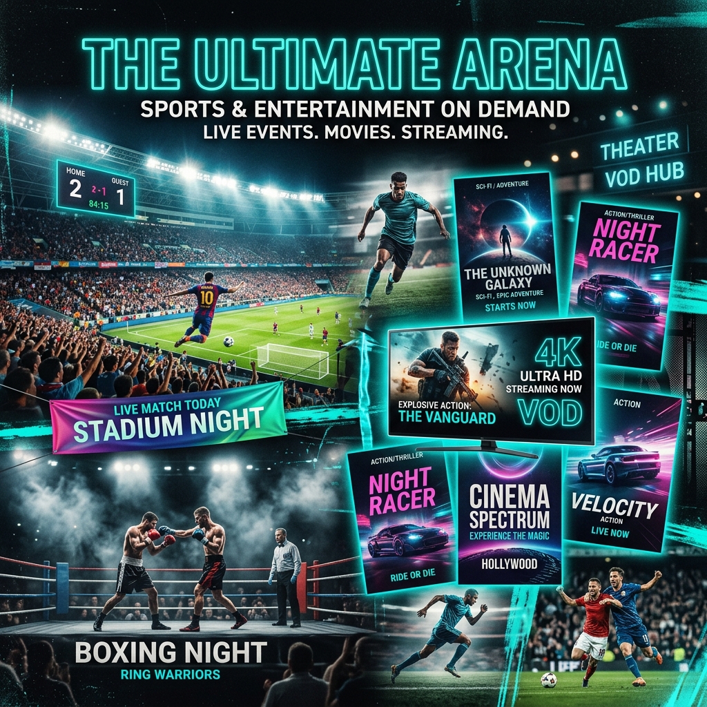 Dynamic sports and movie collage showcasing live events and VOD library
